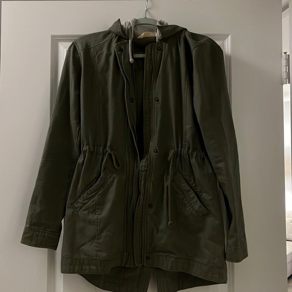 Army green jacket with sweatshirt hood